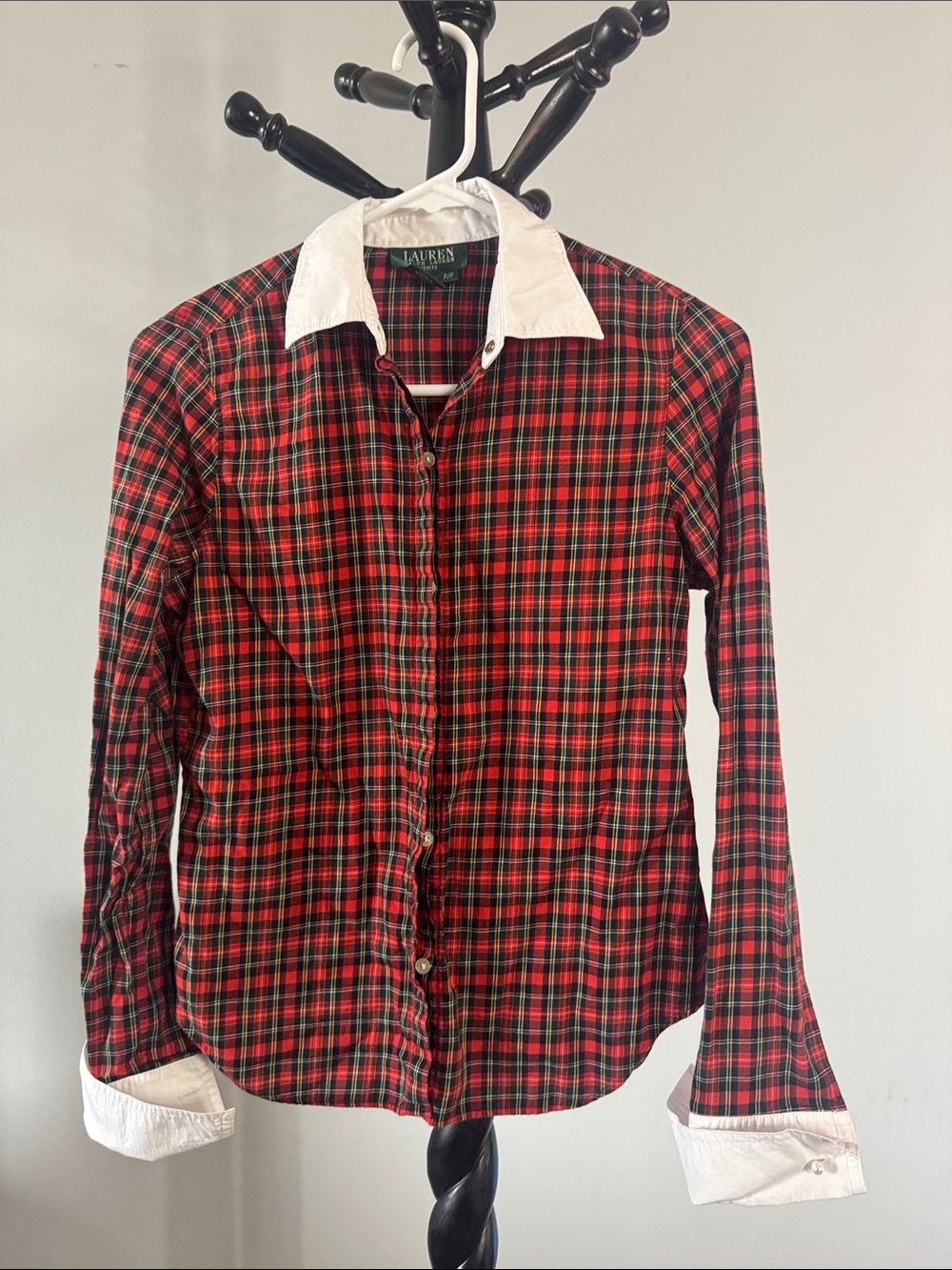 Lauren Ralph Lauren Red, Green Plaid Button-Down Shirt White Collar w cufflinks